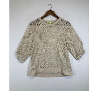 Victorian Inspired Crochet Knit Top Women Med Beige Puff Sleeve Boho Crew Neck